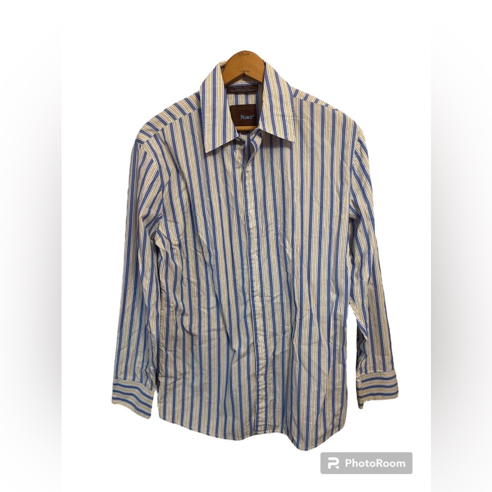 Roar Poplin Douce Mens Button Up Shirt Long Sleeve Size L Striped‎ Blue/Yellow